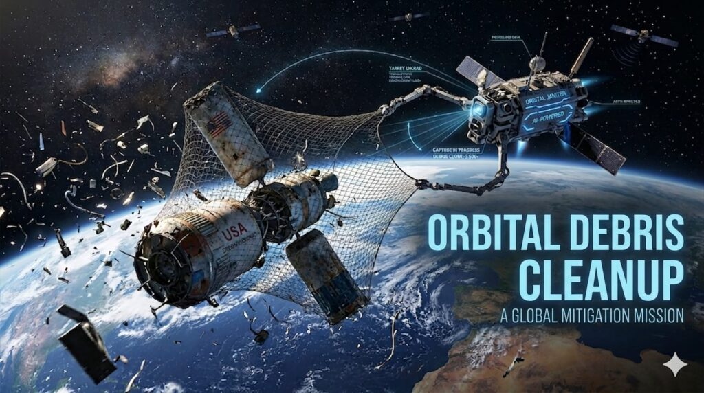 An artistic rendering of Earth's orbit cluttered with millions of pieces of floating space junk, shards of decommissioned hardware, and dead satellites.