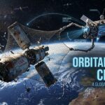 An artistic rendering of Earth's orbit cluttered with millions of pieces of floating space junk, shards of decommissioned hardware, and dead satellites.