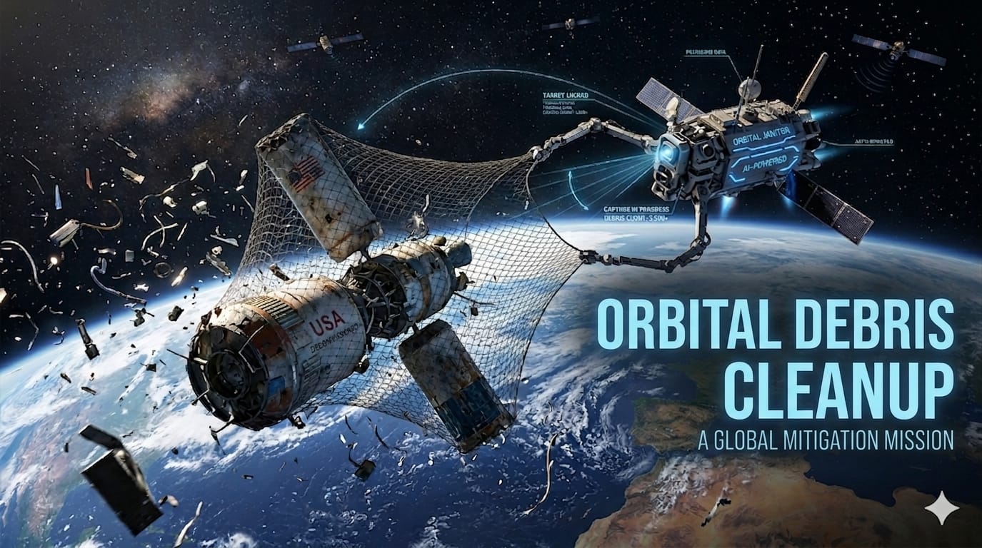 An artistic rendering of Earth's orbit cluttered with millions of pieces of floating space junk, shards of decommissioned hardware, and dead satellites.