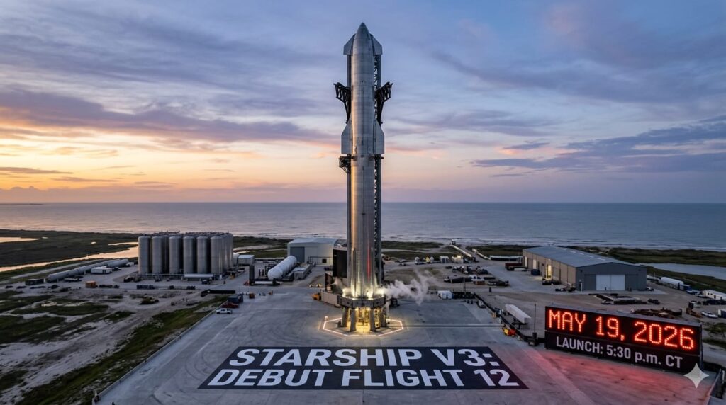 SpaceX Starship V3 megarocket on Launch Pad 2 at Starbase Texas for its May 2026 debut.