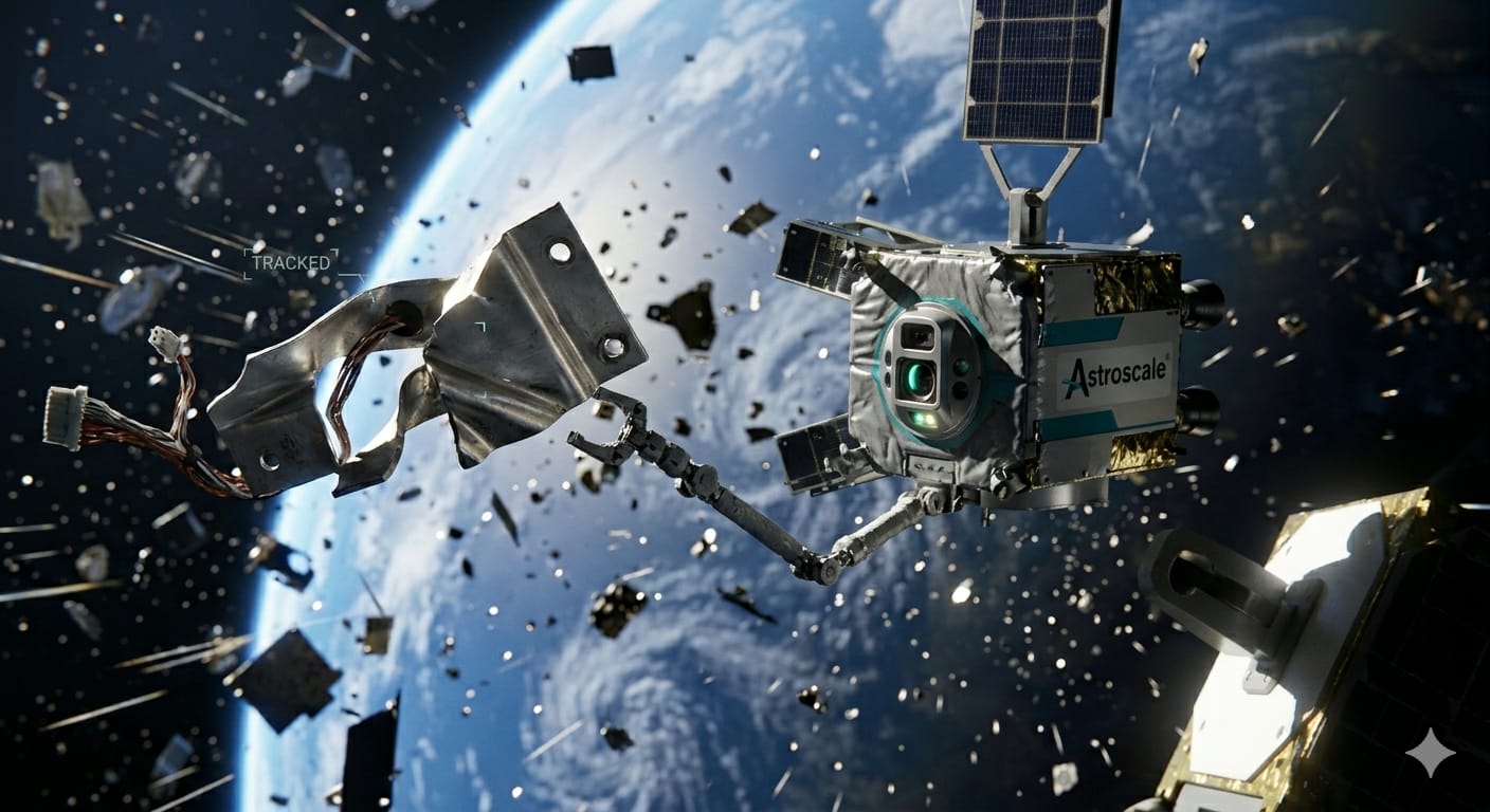 Astroscale satellite using a robotic arm to capture space debris in Earth's orbit
