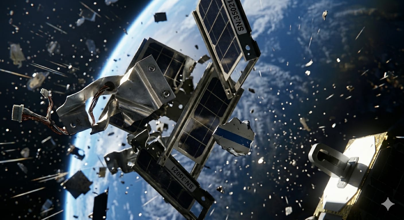 Broken satellite fragments and solar panels drifting in space above Earth