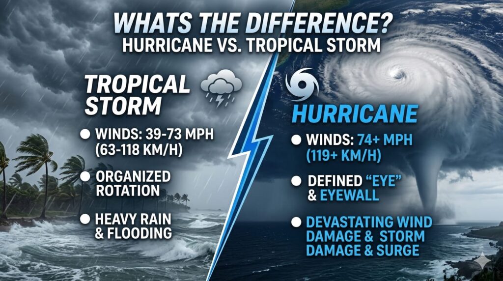 What Are the Main Differences Between a Hurricane and a Tropical Storm?